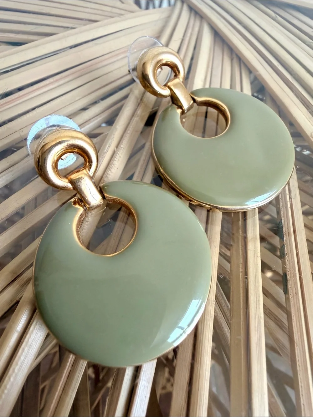 Vintage Green Enamel Gold Door knocker Drop Earrings